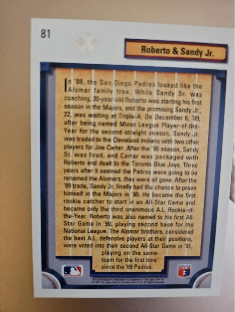 1992 Upper Deck Bloodlines  #81 Sandy Alomar Roberto Alomar HOF